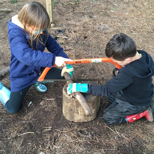 Young boy and girl sawing a small log